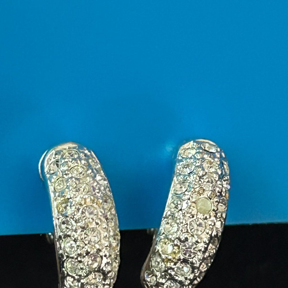 Vintage ROMAN Signed Clear Rhinestones Silver Tone Half Hoop Clip Earrings - Picture 6 of 9